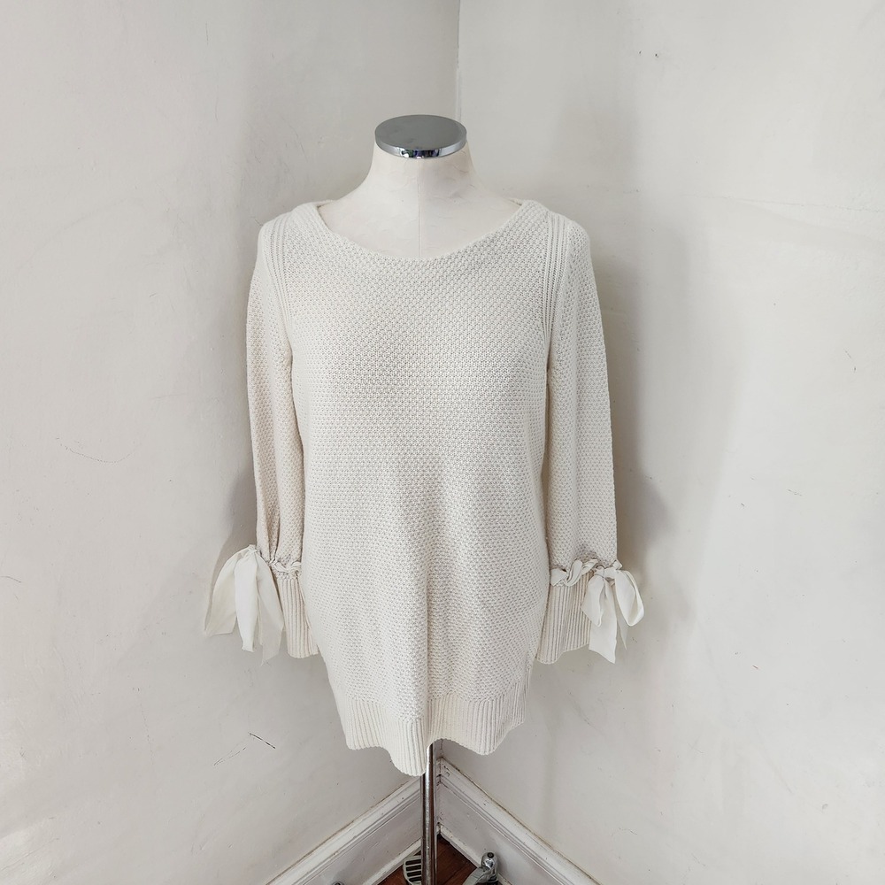 Talbots Womens Cream Lambswool Blend Ribbon Tie Cuff Textured Sweater Size M